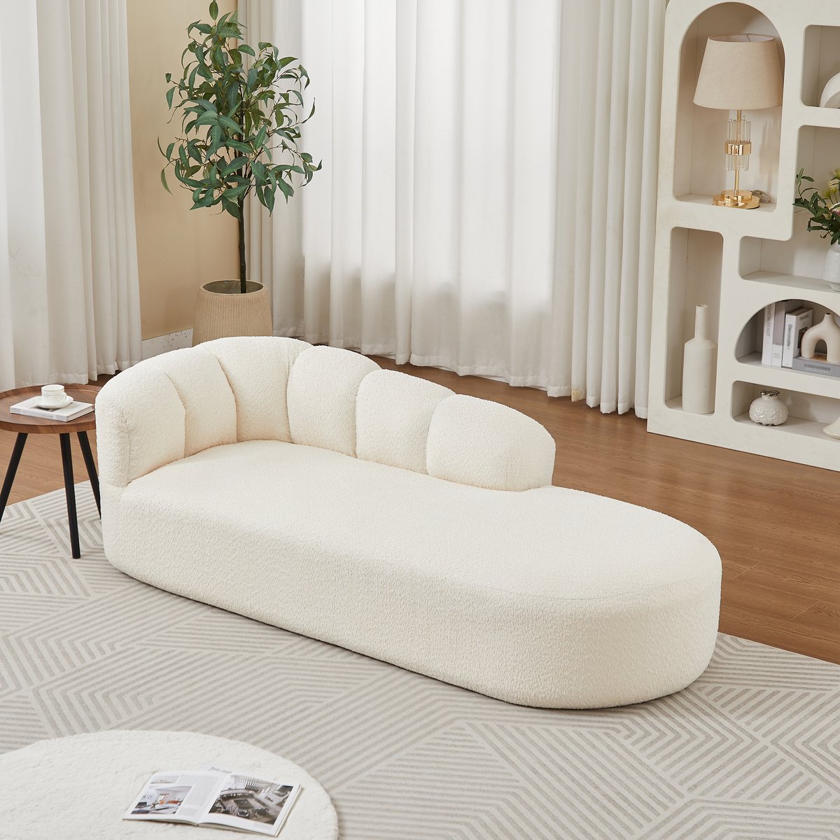 Chenille Fauteuil - Moderne Lounge Stoel Met Golvend Rugdesign - Zachte Accentstoel Voor Woonkamer - Beige