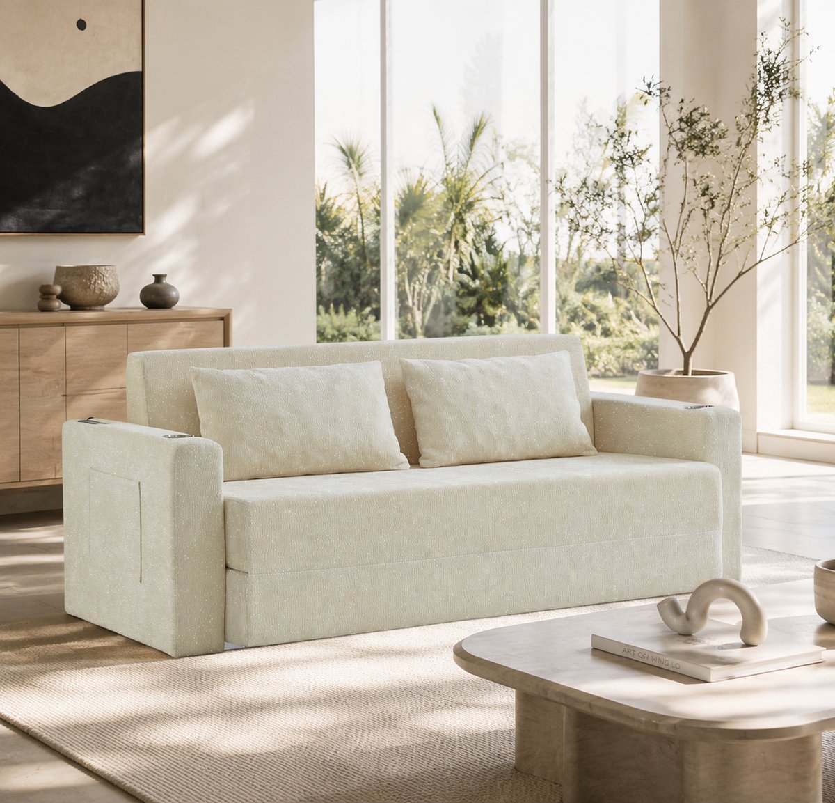 Ontspanning Verzameld in - Comfortabel 2-sitter Klappensofa-Bett met Extra Kussens - 153x77x65 cm, Beige