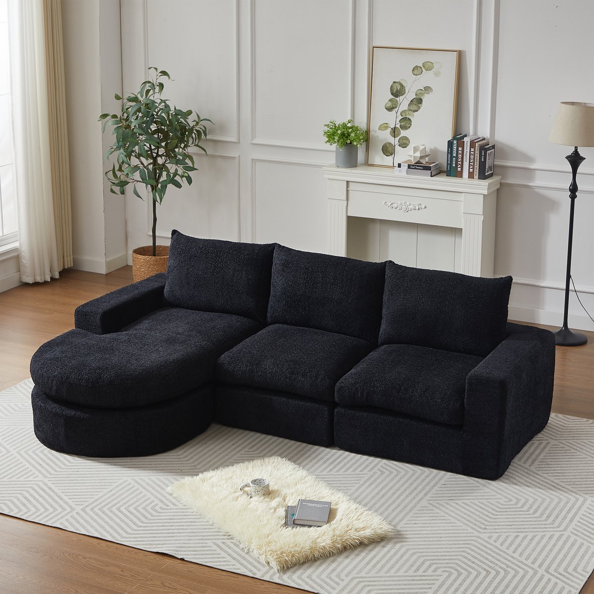 Modulaire Hoekbank - 3-Zits Chenille Cloud Sofa Met Chaise Longue L-vorm Lounge Bank Zwart