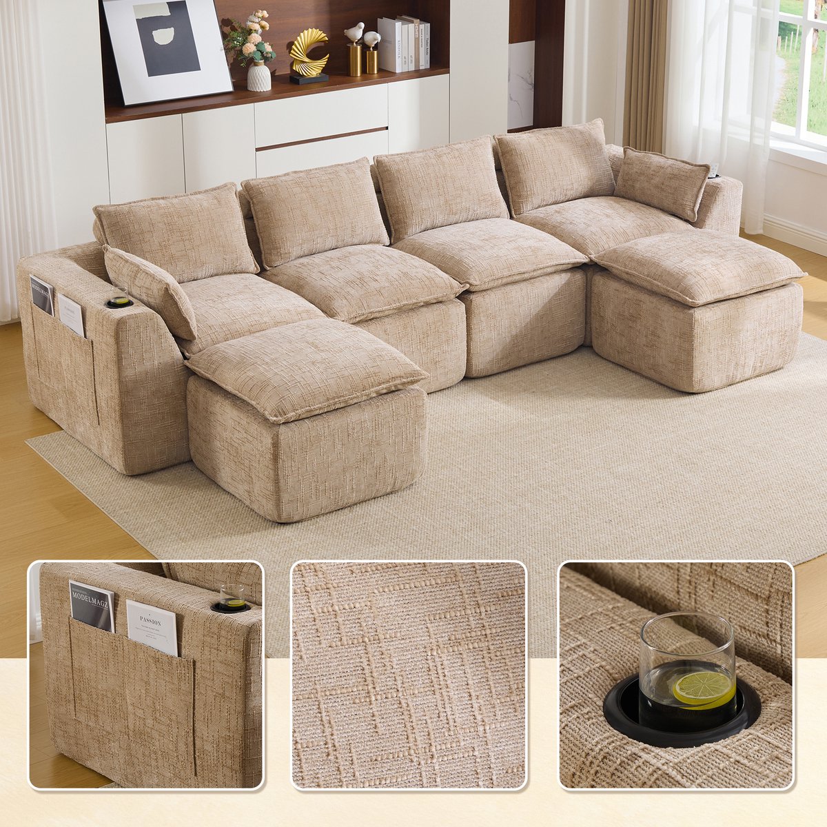 Lounge Hoekbank - 4 Personen Chenille Bank Met Hockers En Springkern Comfort