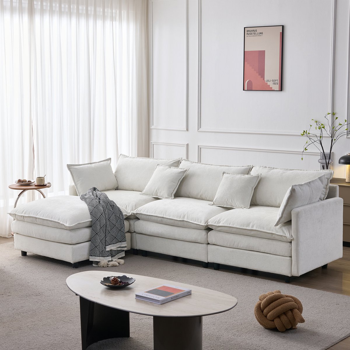 Modulaire Hoekbank - Chenille Cloud Bank Met Chaise Longue En Hocker - 3-Zits Loungebank L-Vormige Bank Met Diepe Zit Voor Woonkamer - Zachte Stoffen Bank Beige