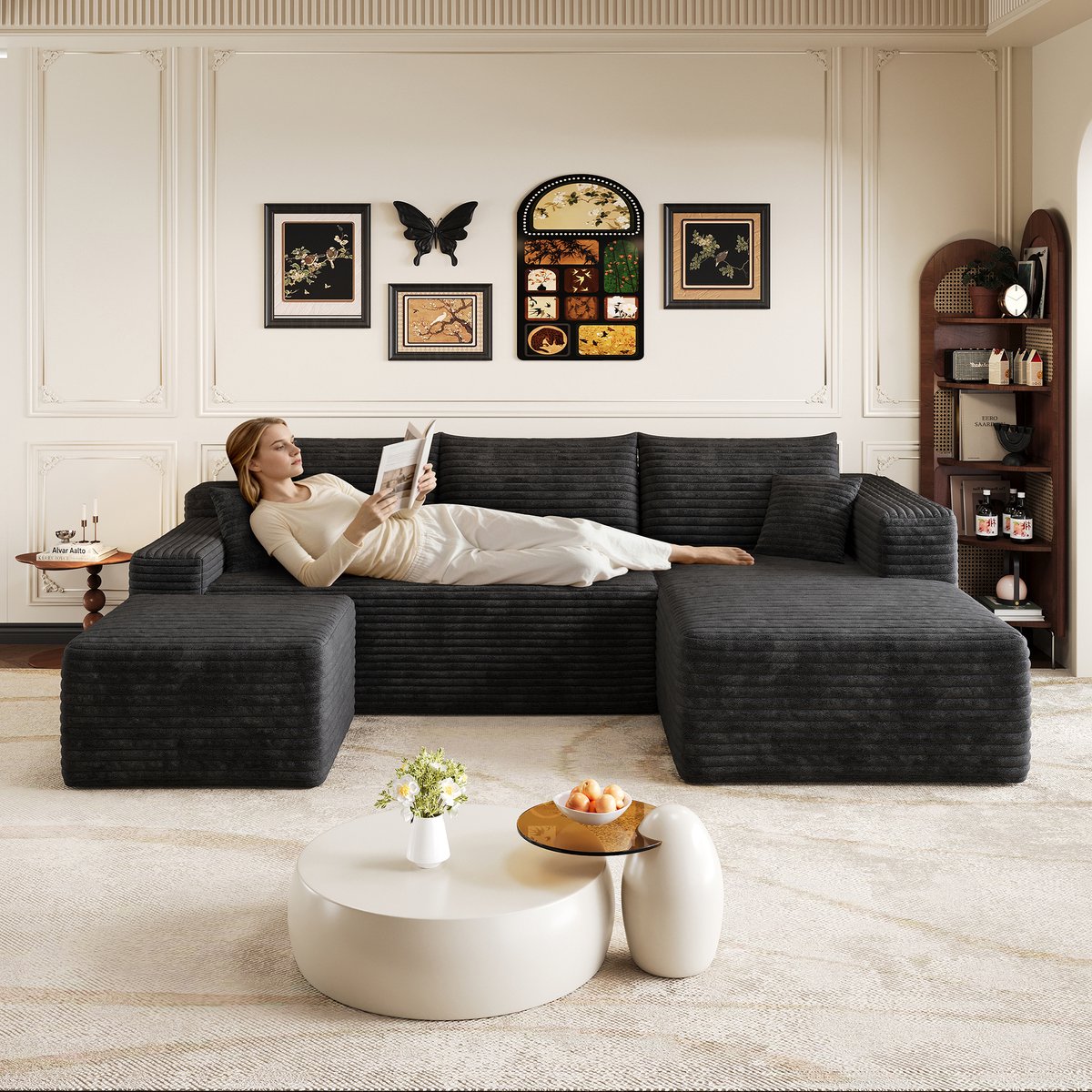 Lounge Bank L-Vorm 241 cm - Moderne Hoekbank 4-Zits Cloud Sofa Met Diepe Zit - Ribstof Bekleding - Comfortabele Bank Voor Woonkamer - Zwart