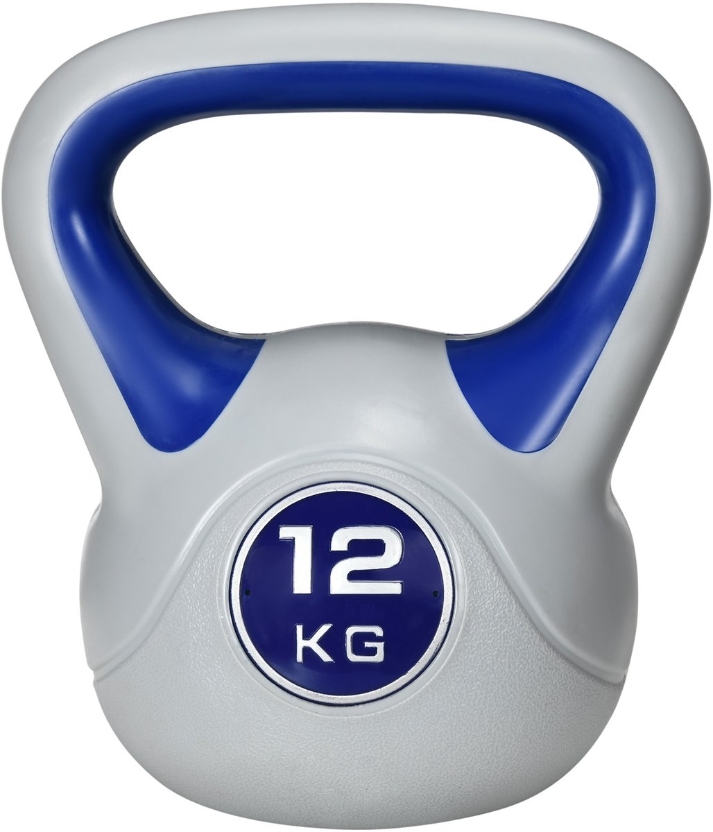 Kettlebell, 12 kg, platte onderkant, grote handgreep, kunststof omhulsel, blauw, 24 x 17 x 28 cm
