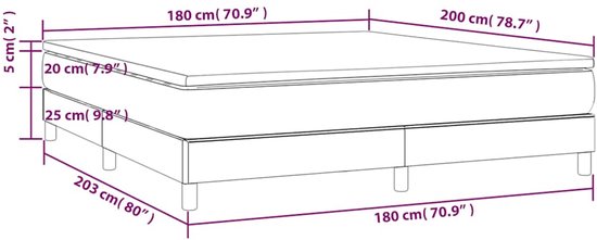 Afmetingen van een bed met matras en omranding: 180 cm breed, 200 cm lang, 25 cm hoog bedframe, 20 cm matras, 5 cm topmatras.