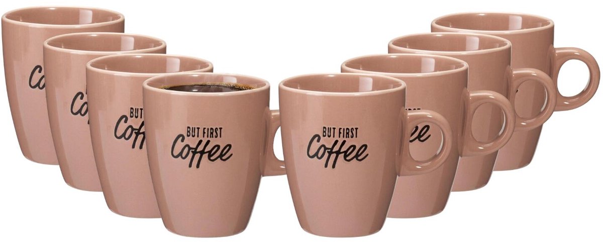 Siaki koffie kopjes Barista Cafe - 8x stuks - oudroze - 220 ml - mokken - keramiek - 10 cm - met koffie thema teksten
