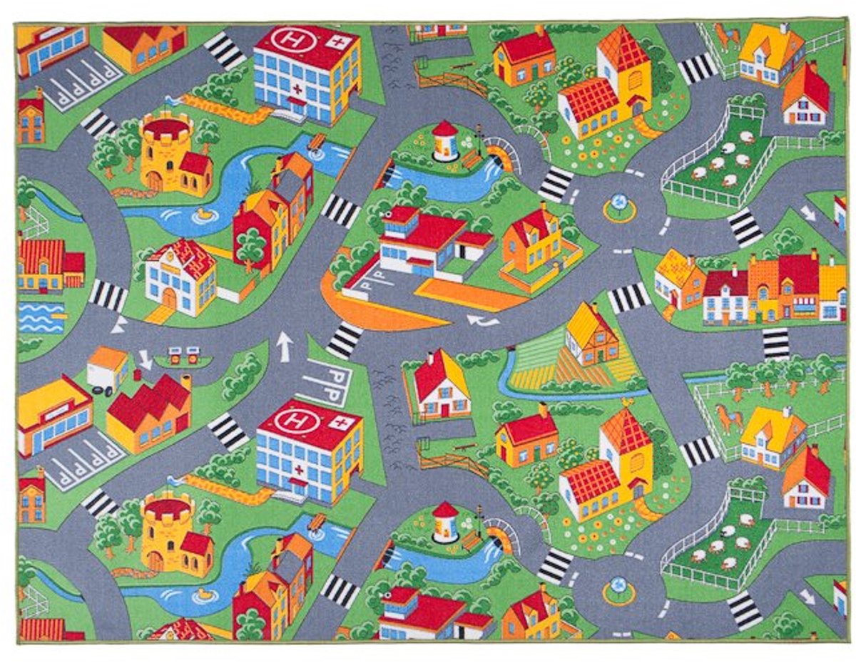 Kinderkamer Vloerkleed 200x400 cm - Stadsleven & Boerderij Thema