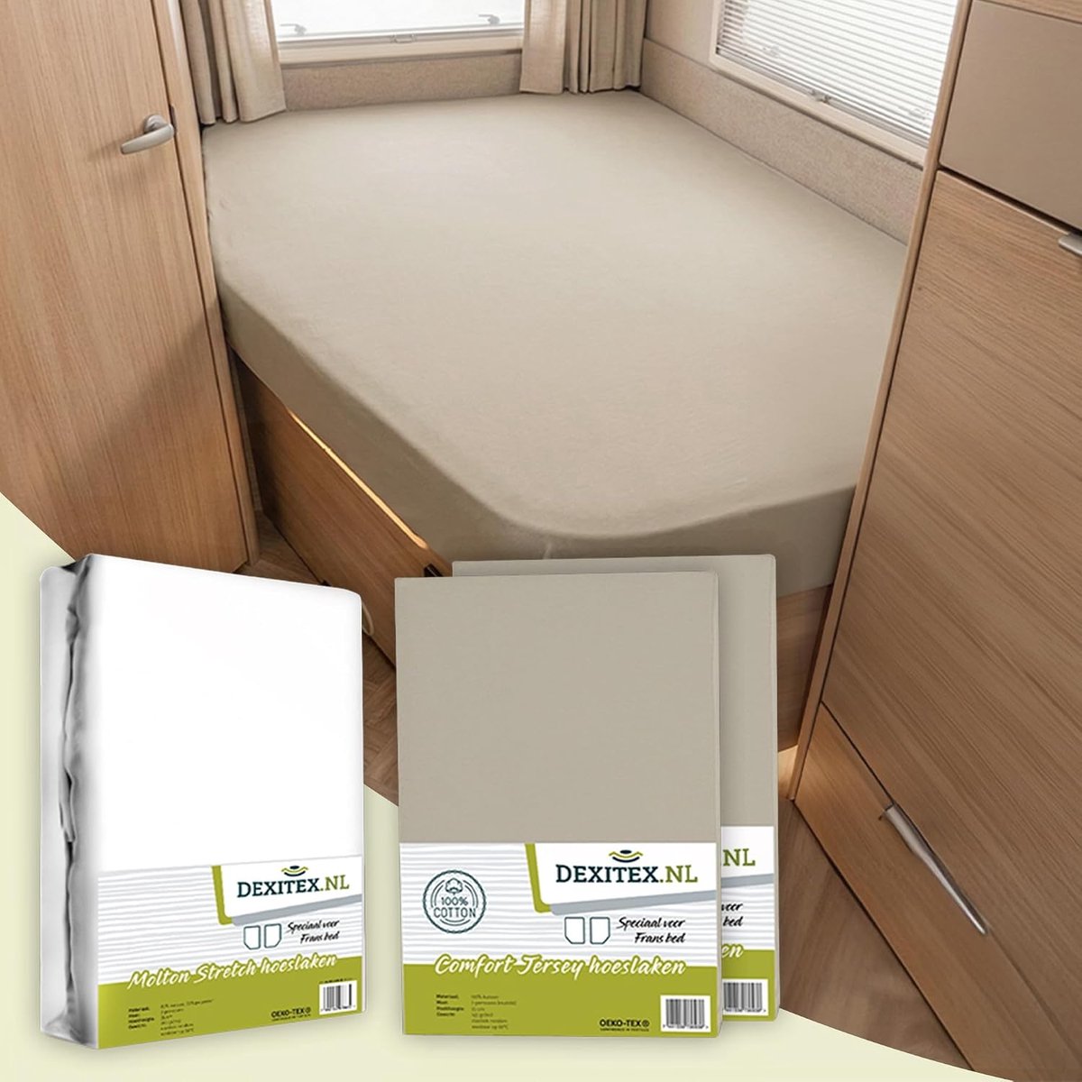 Spannbettlaken Wohnmobil 3er Set - 2 laken zand + 1 matratzenschoner - Oeko-TEX katoen - ideaal voor caravans - ShopVlot