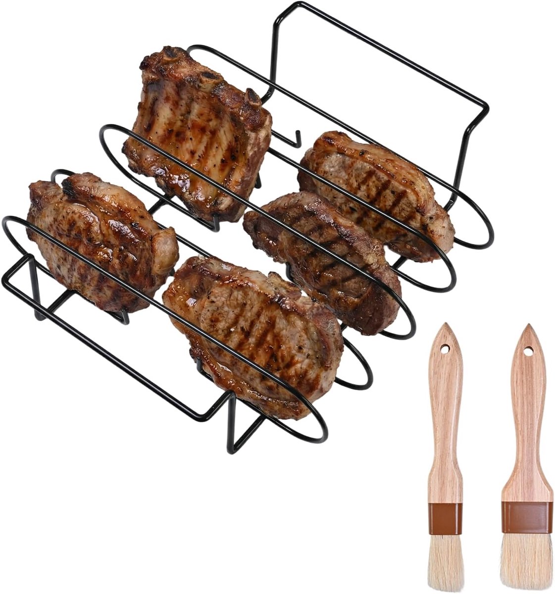 Grill Rib Stand BBQ Rib Rack - Voor Gas en Houtskool Barbecues - Met 2 Borstels - Optimaliseer Grilloppervlak - ShopVlot