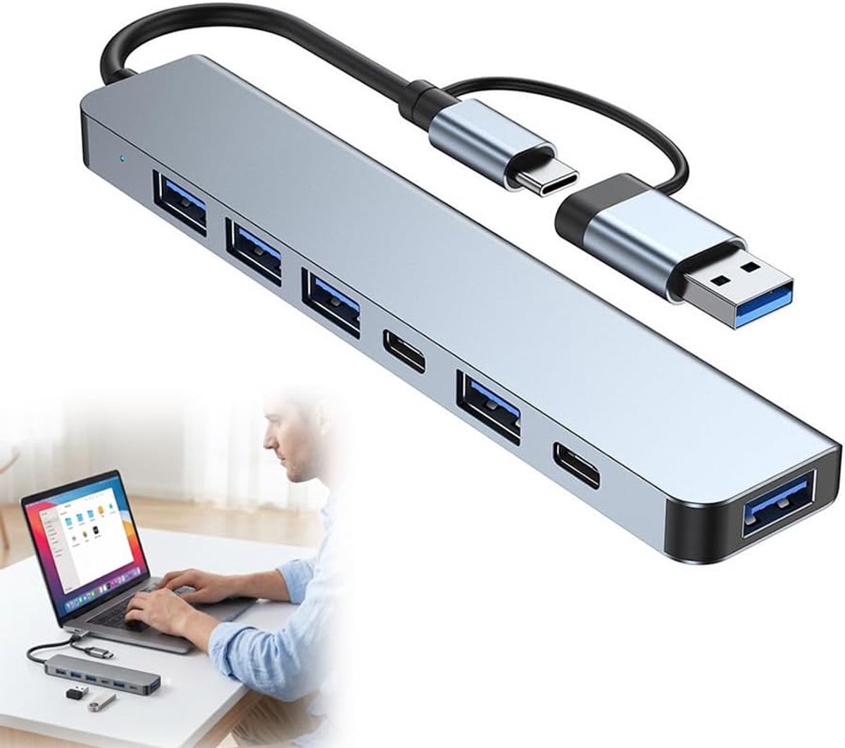 USB C-hub 7-in-1 - compacte USB-stekkerdoos - dubbele USB-A en USB-C-poorten - ideaal voor accessoires - ShopVlot