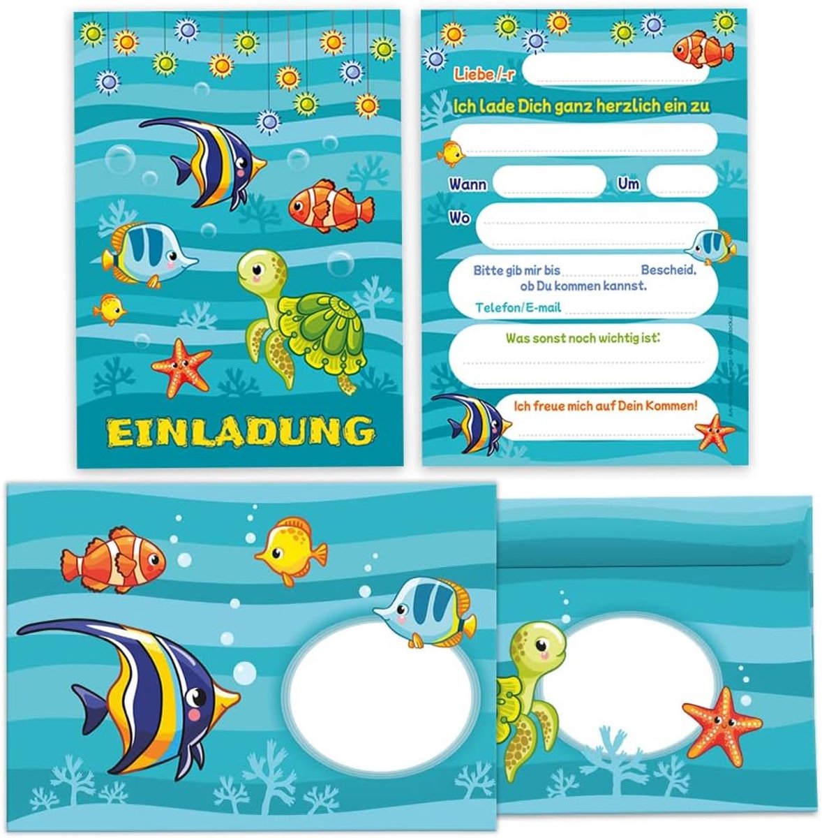 Uitnodigingskaarten voor kinderfeestje - 12 kaarten met enveloppen - Vissen thema - Perfect voor verjaardag - ShopVlot
