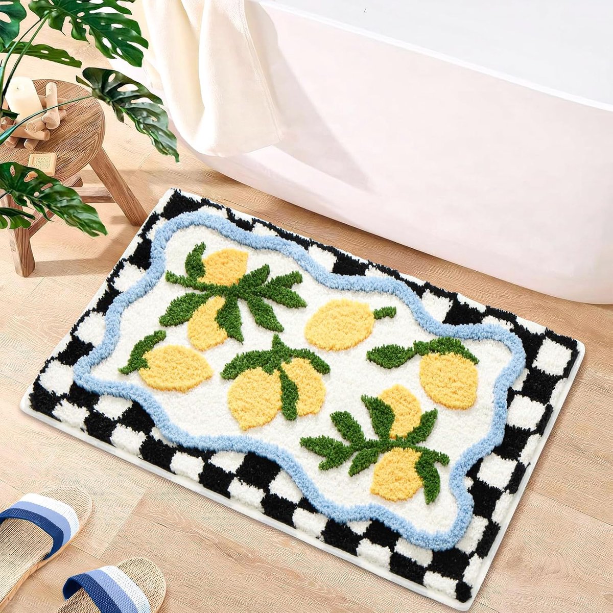 Badmat 50x76cm - geruit citroendesign - zachte microvezel - antislip en wasbaar - ShopVlot