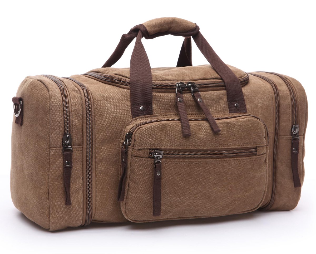 Reisplunjezak L - Bruin canvas - Grote holdall tas - Voor 15,6 inch laptop en weekendtrip - ShopVlot
