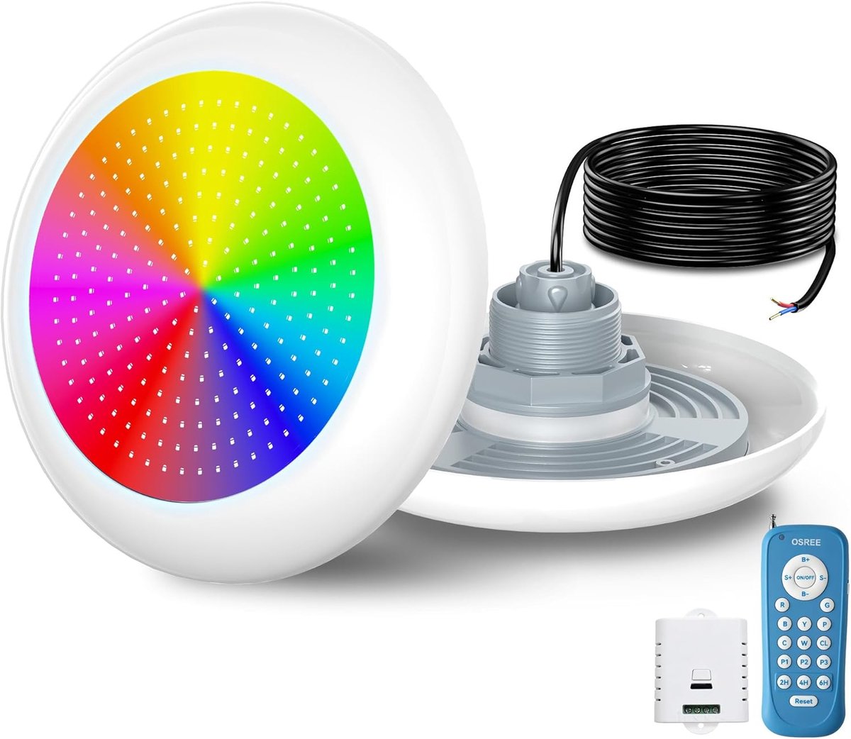 LED Swimming Pool Lights with 2" Male Thread, 25W Resin-filled RGB Multicolour with Remote Control, 1000lm, Ø242mm - ShopVlot