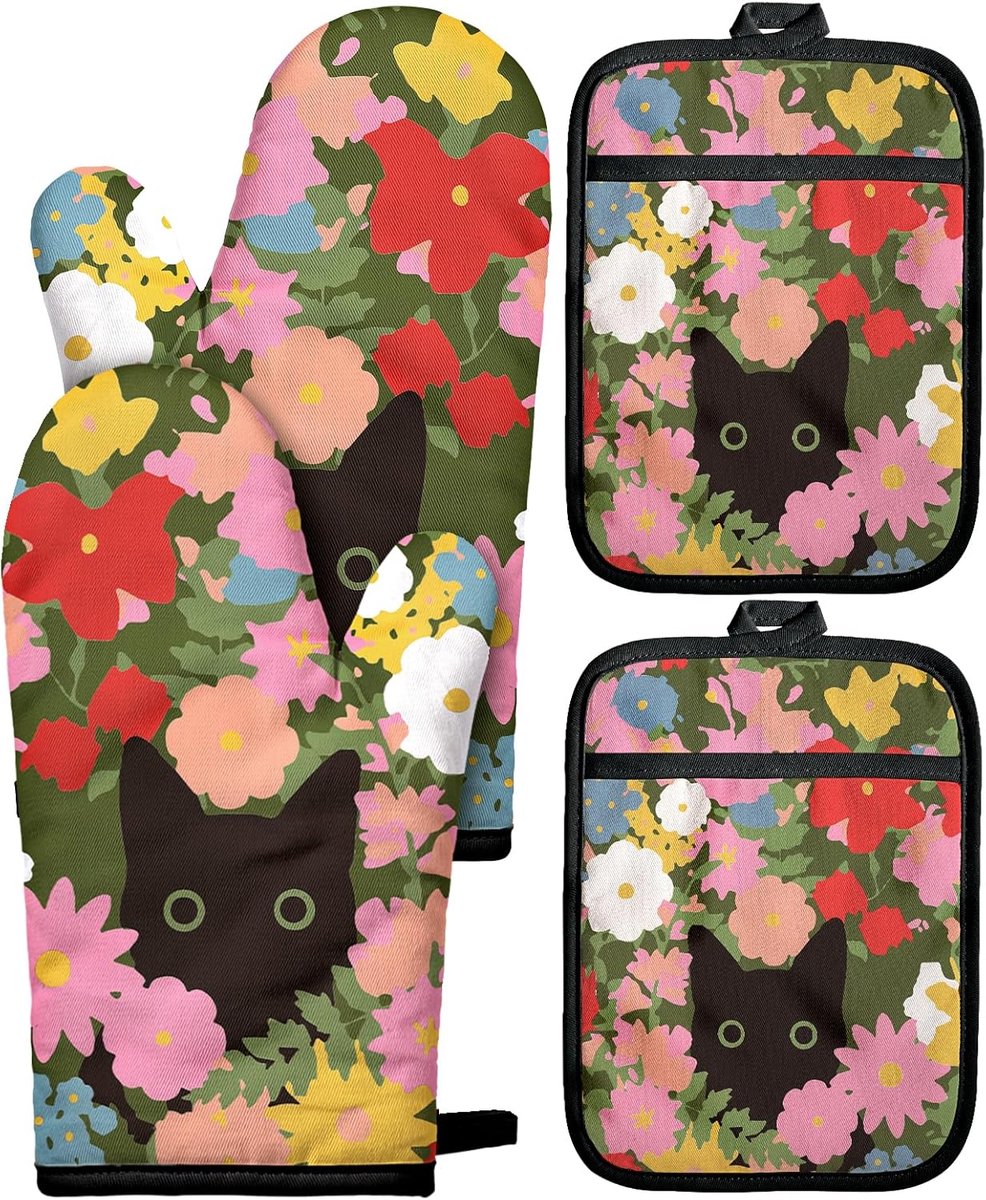 Ovenhandschoenen Set - 4-delig Katoen met Kattenbloemen - Warmtebestendig - Perfect voor Bakken - SnelShoppen