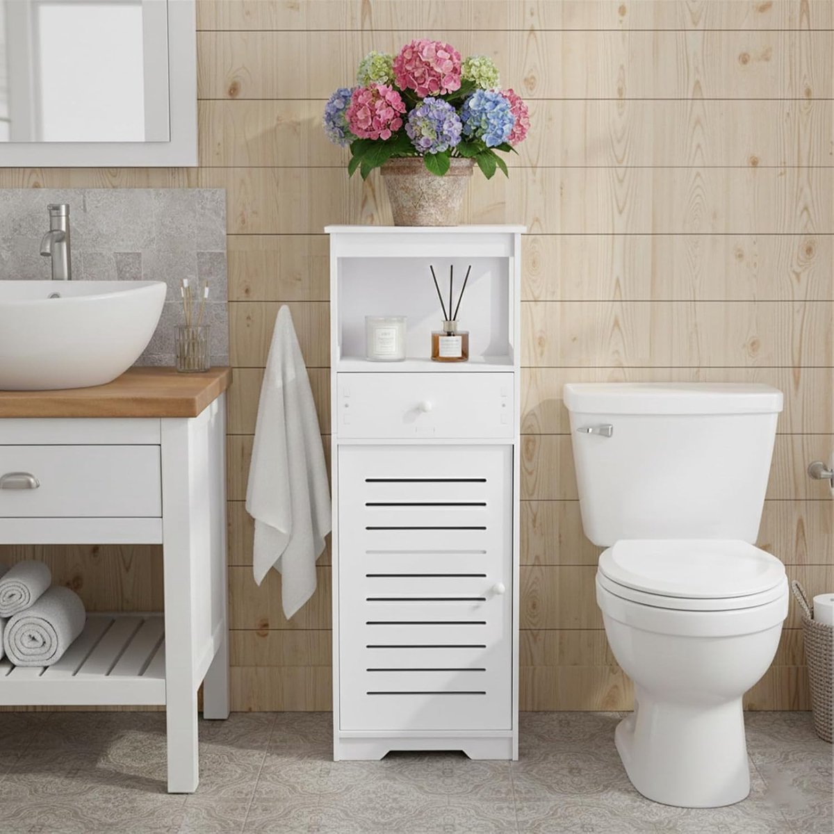 Badkameropbergkast 4-laags - witte organizer met deur en lade - waterdicht en duurzaam - SnelShoppen