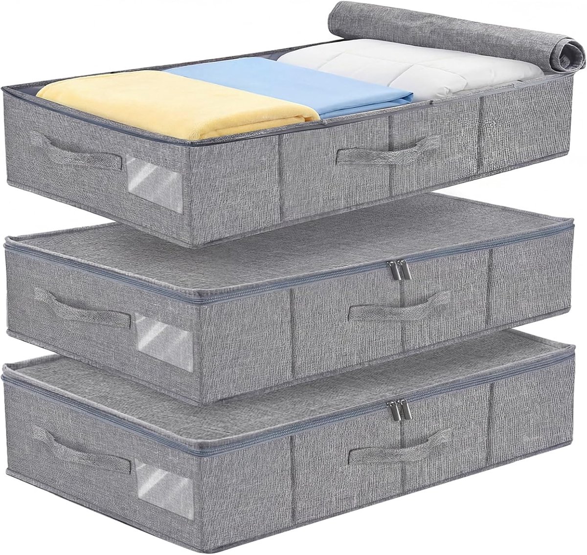 Opbergdozen onderbed set van 3 - 17 cm hoog - linnen met handgrepen - ideaal voor beddengoed en seizoenskleding - SnelShoppen