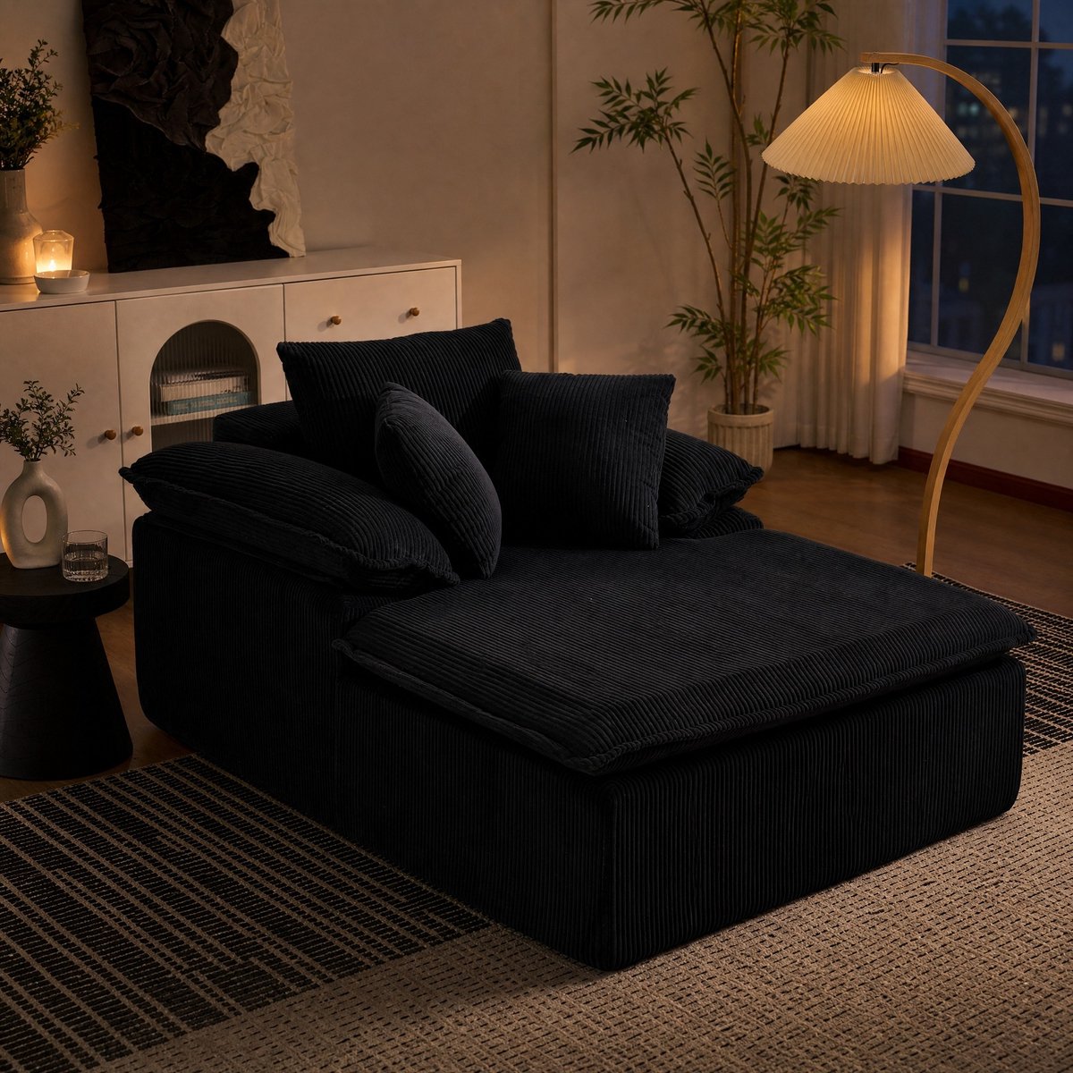 MEUNIQ 1-zits bank 177 x 122 x 92 cm, zwarte ribstof, brede armleuningen van 32 cm, voor woonkamer, slaapkamer of leeshoek