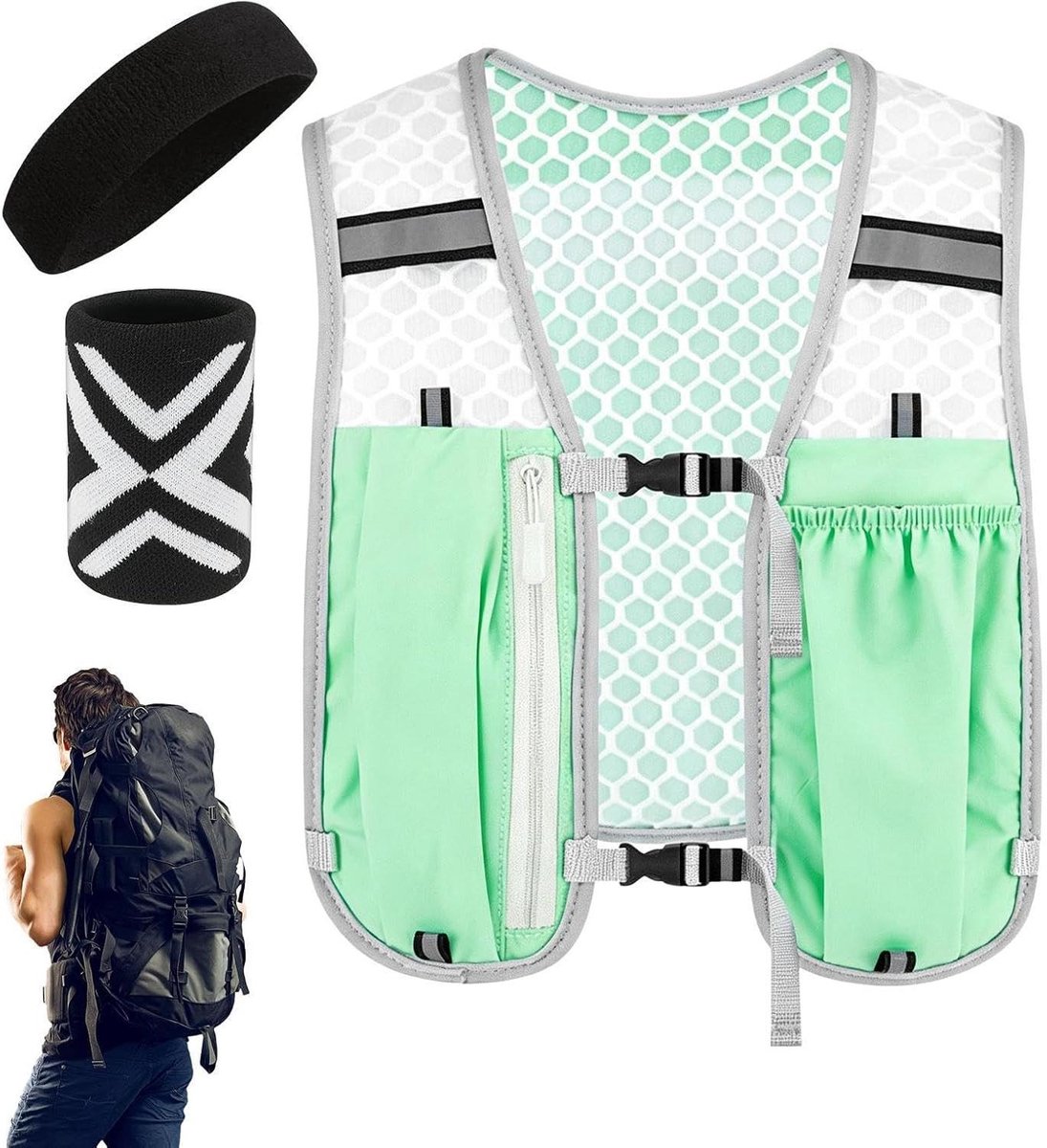 Hardloopvest met Hydratatie - Veiligheidsvest Outdoor - Nachtelijk Sporten - Verstelbare Pasvorm - 24.99 x 24.99 x 3 cm - Groen