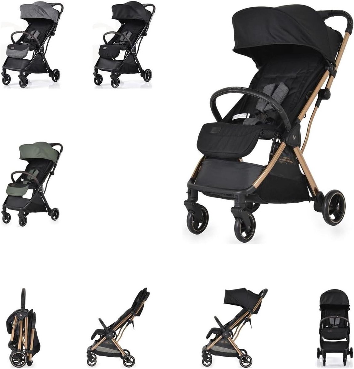 Kinderwagen Buggy - Lichtgewicht Reisbuggy - Comfortabel Reizen - Met één hand opvouwbaar - Tot 22 kg - Zwart Goud
