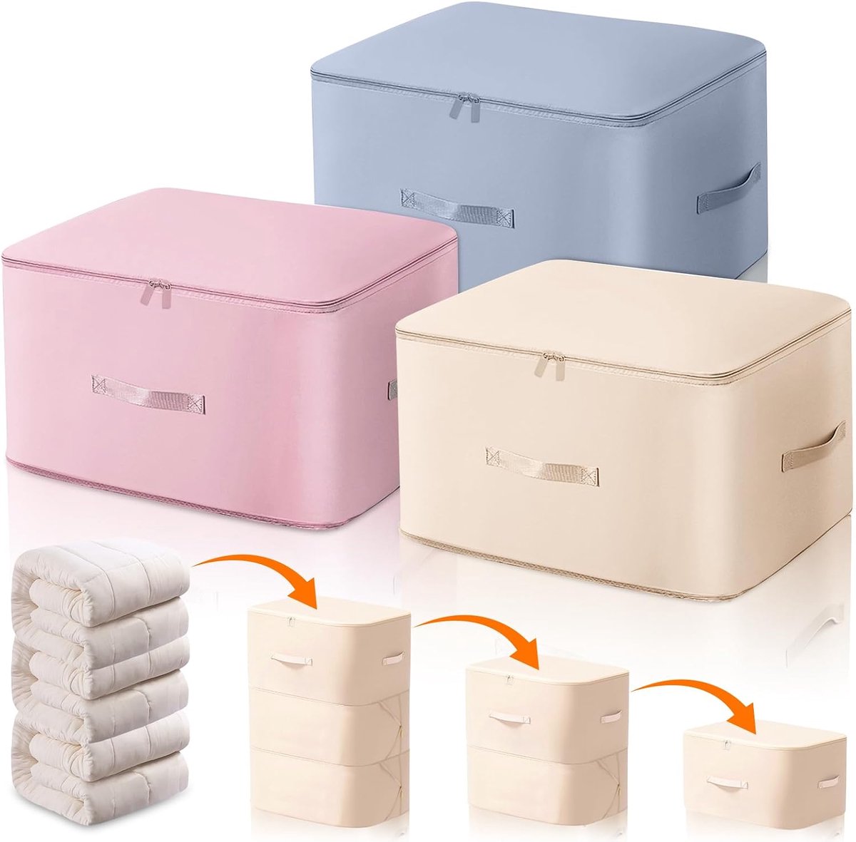 3 stuks ultra ruimtebesparende zelfcomprimerende organizer, 52 x 42 x 60 cm, opbergtas voor dekbedden, 3 kleuren, grote zelfcomprimerende beweegbare organizerzakken voor dekens, kleding
