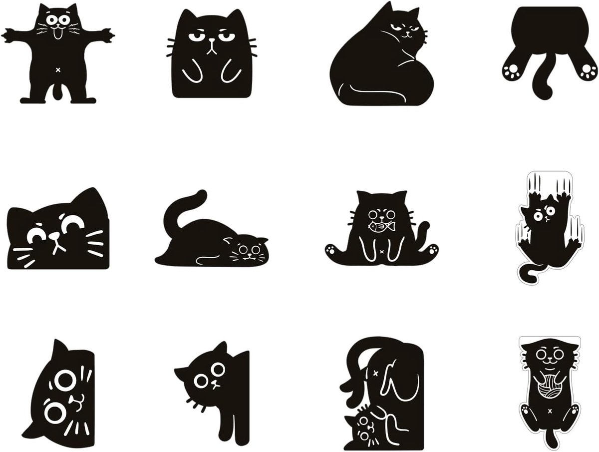 12 Stuks Magnetische Bladwijzers met Zwarte Katten, 12 Verschillende Schattige Kattenmagneten Ideaal voor Leraren Studenten Boekenliefhebbers en als Kantoorartikel