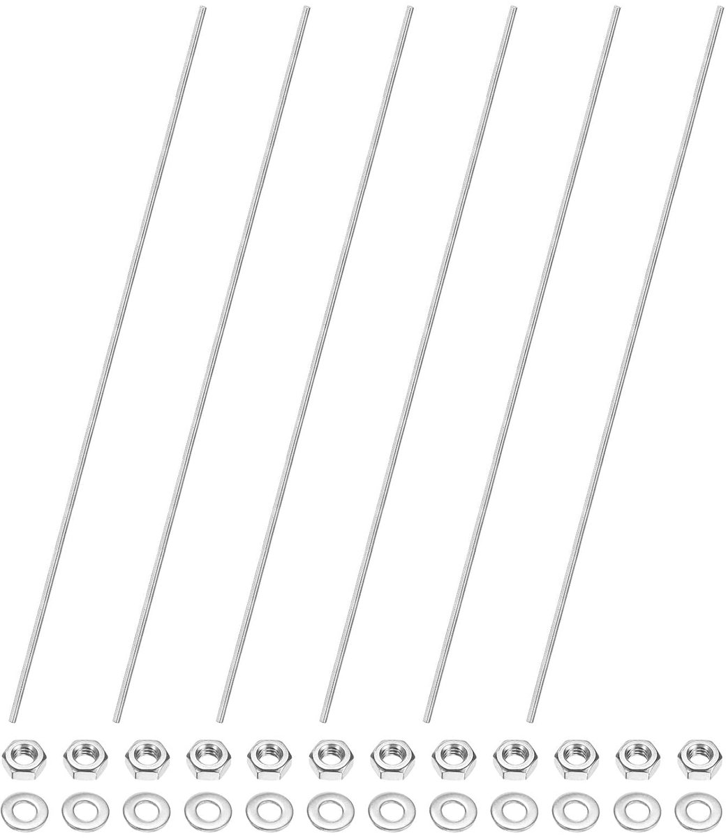 Set van 6 schroefdraadstangen M4 x 400 mm, roestvrij staal 201, met zeskantmoeren en sluitringen voor ankerbouten, klemmen, U-schroeven en grondpennen voor de tuin