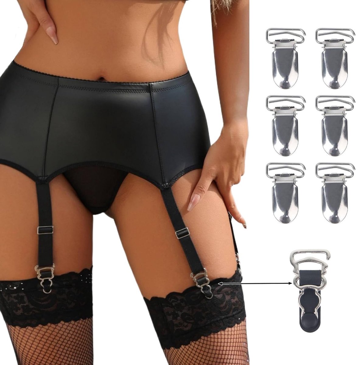 Comeondear Jarretellehouder, grote maat, dames, kunstleer, sexy, erotisch, met 6 bandjes, curvy kousenband, hoge taille, met string met 12 verwisselbare clips