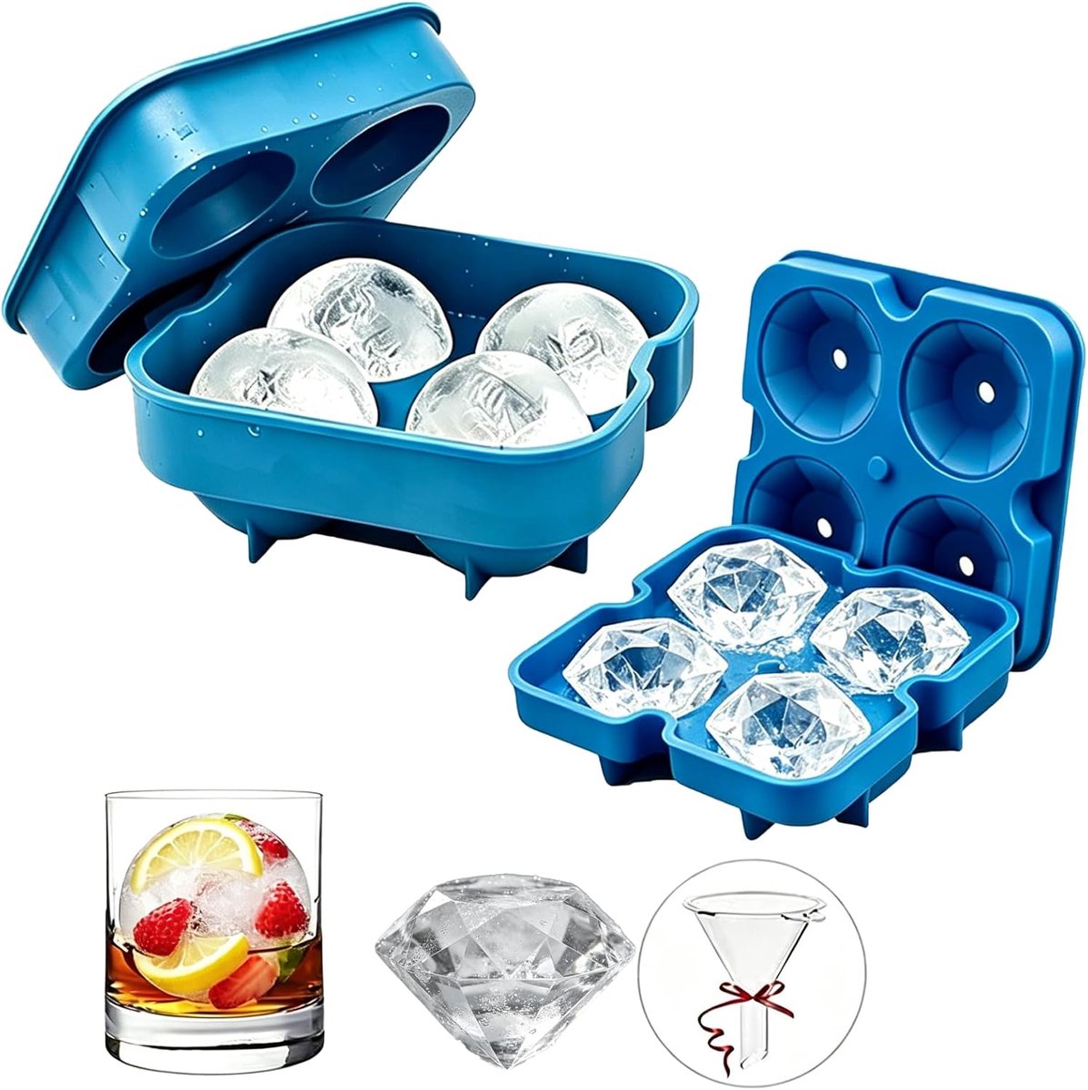 siliconen, met deksel, diamanten en ronde ijsblokjesvorm, met trechter, eenvoudig los te maken, BPA-vrij, voor ijs, whiskey, cocktail, fruit, chocolade, 2 stuks