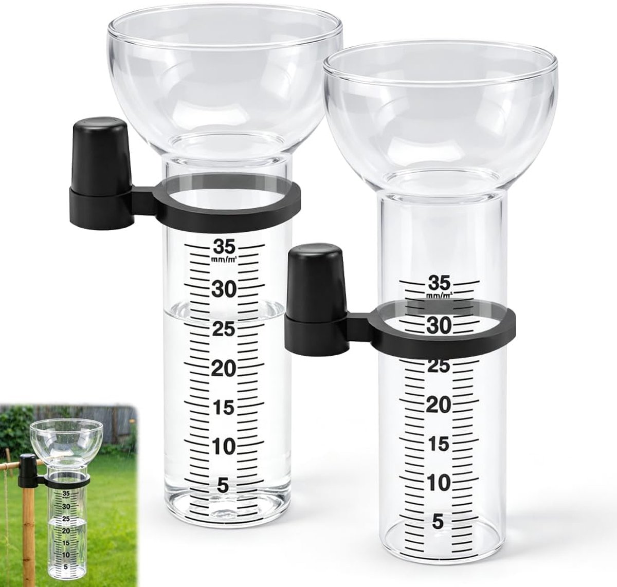 Regenmeter, vorstbestendig, 2 stuks, regenmeter, reserveglas met houder, 35 mm glazen regenmeter voor tuin, digitaal afleesbaar, helder en duurzaam