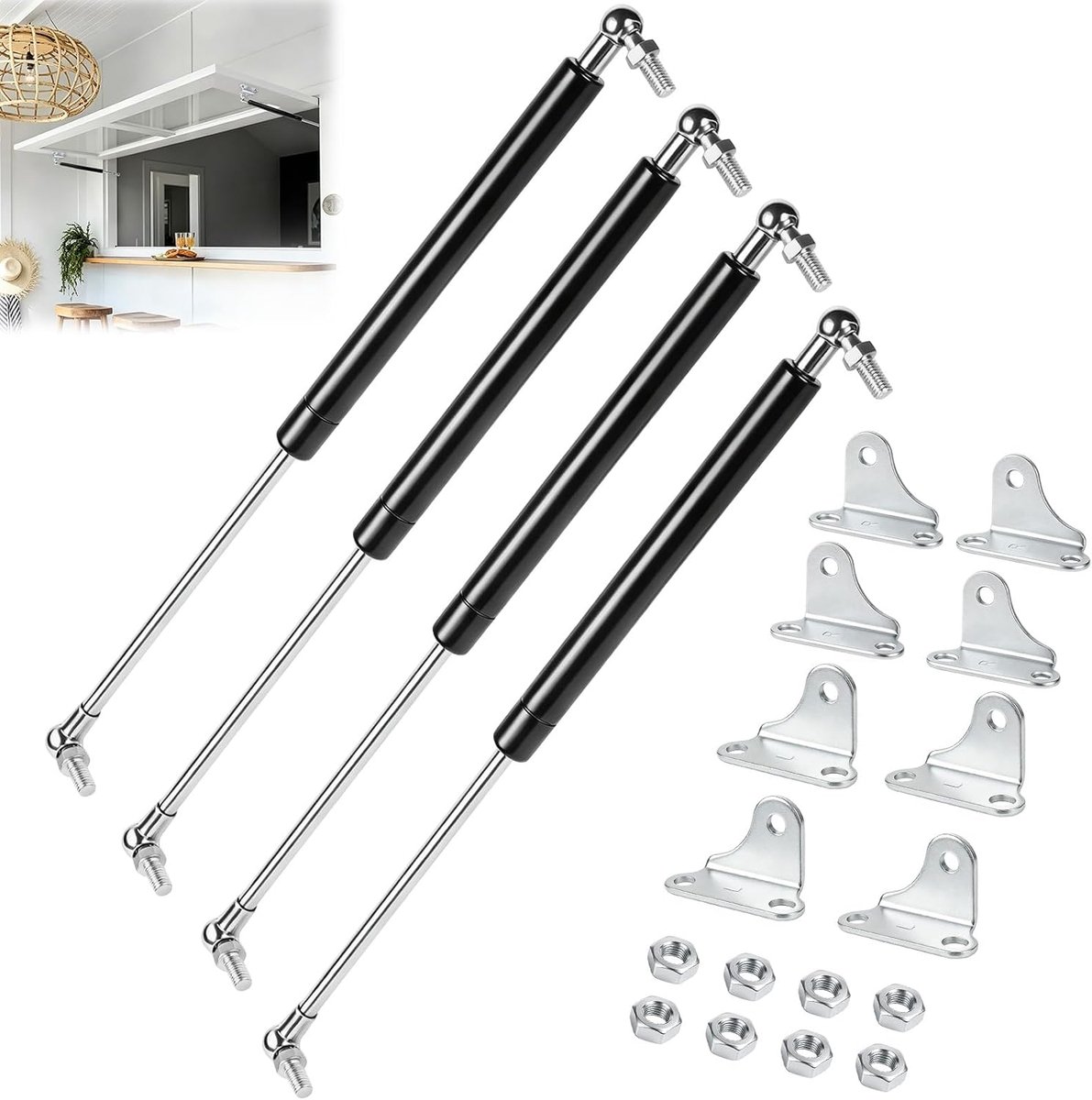 Gasdrukveer, 200 N/20 kg, 4 stuks, L-type gasdrukdemper, 38 cm, gasveer voor zware kastdeuren, kastdeksel, tv-kast, opbergdoos, deksel, RV-deur