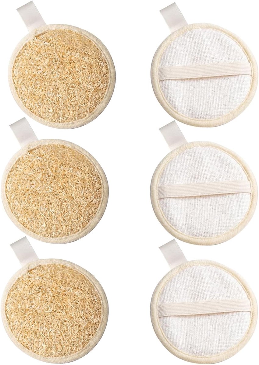 6 stuks natuurlijke loofah badspons, 8,5 cm, biologische loofah spons, diepe reiniging van de huid, voor douche, keuken en badkamer