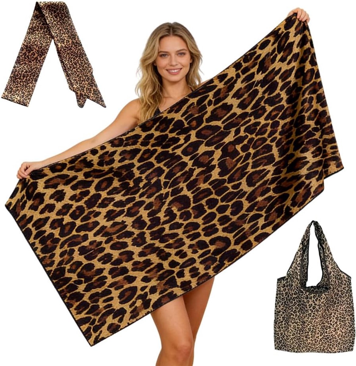Handdoek Van Microvezel Met Luipaardprint，Strandlaken 160x80 Cm Met Opbergtas Snel Drogend,Zacht,Lichtgewicht,Zandafstotend,Idea Voor Strand,Zwembad,Sport,Yoga En Reizen (Bruin3)
