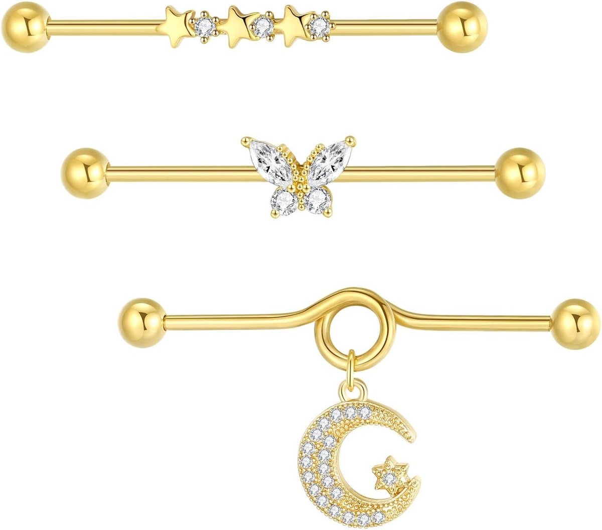 3 stuks industriële piercing bars 38 mm zilver zwart goud chirurgisch staal 14G Scaffold oor piercing barbell vlinder hart
