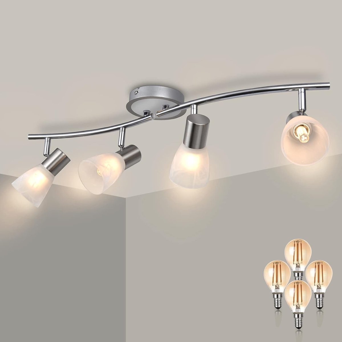 Plafondspots, glas, lampenkap, plafondlamp met 4 lampen, 4 W, 400 lm, warmwit, plafondlamp voor woonkamer, woonkamer, keuken