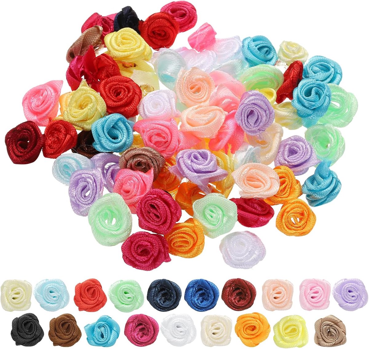 100 stuks 1,5 cm mini-rozensatijnen lint kunstbloemen stof satijnen lint voor doe-het-zelf accessoires naaien geschenkverpakking bruiloftsdecoratie, meerkleurig
