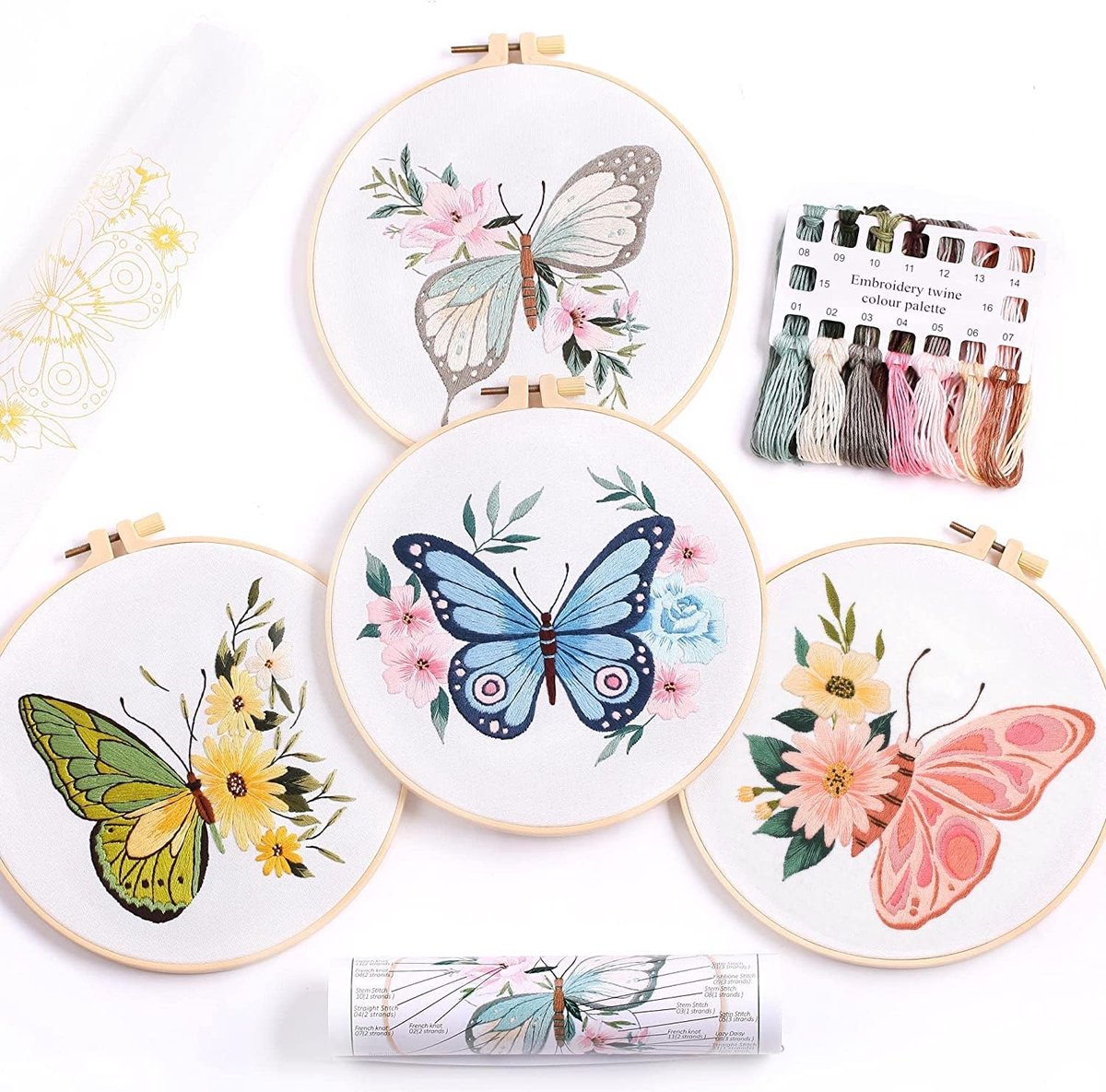 4 stuks borduurstarterset met motieven en handleiding voor beginners, bestaande uit 2 borduurhoepels van kunststof, gekleurde draden en naalden (vlinder)