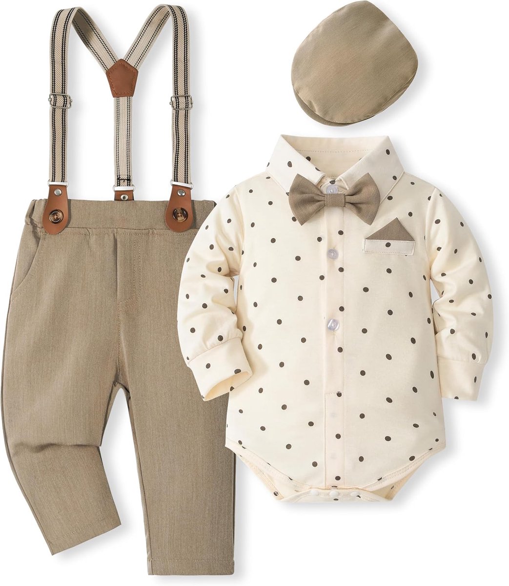 Baby jongens kledingset 5-delig - khaki met stippen - shirt met strik en bretels - SnelShoppen