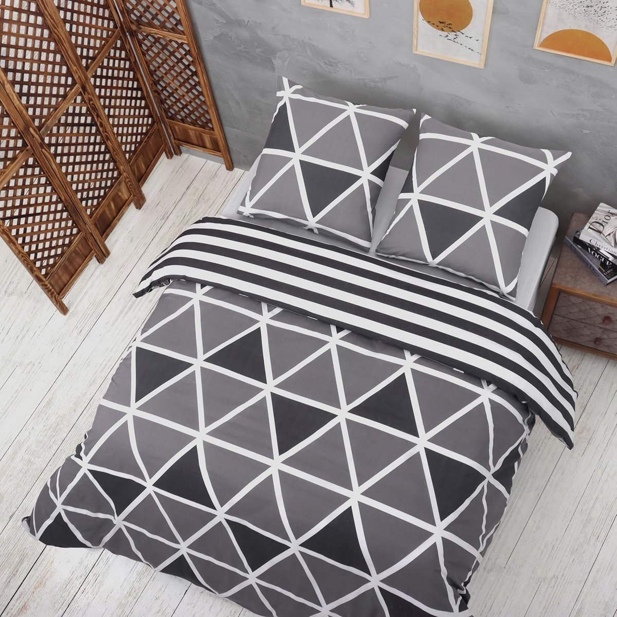 Dekbedovertrek 140 x 200 cm - Grijs gestreept - Katoen/polyester - Ademend en comfortabel - ShopVlot