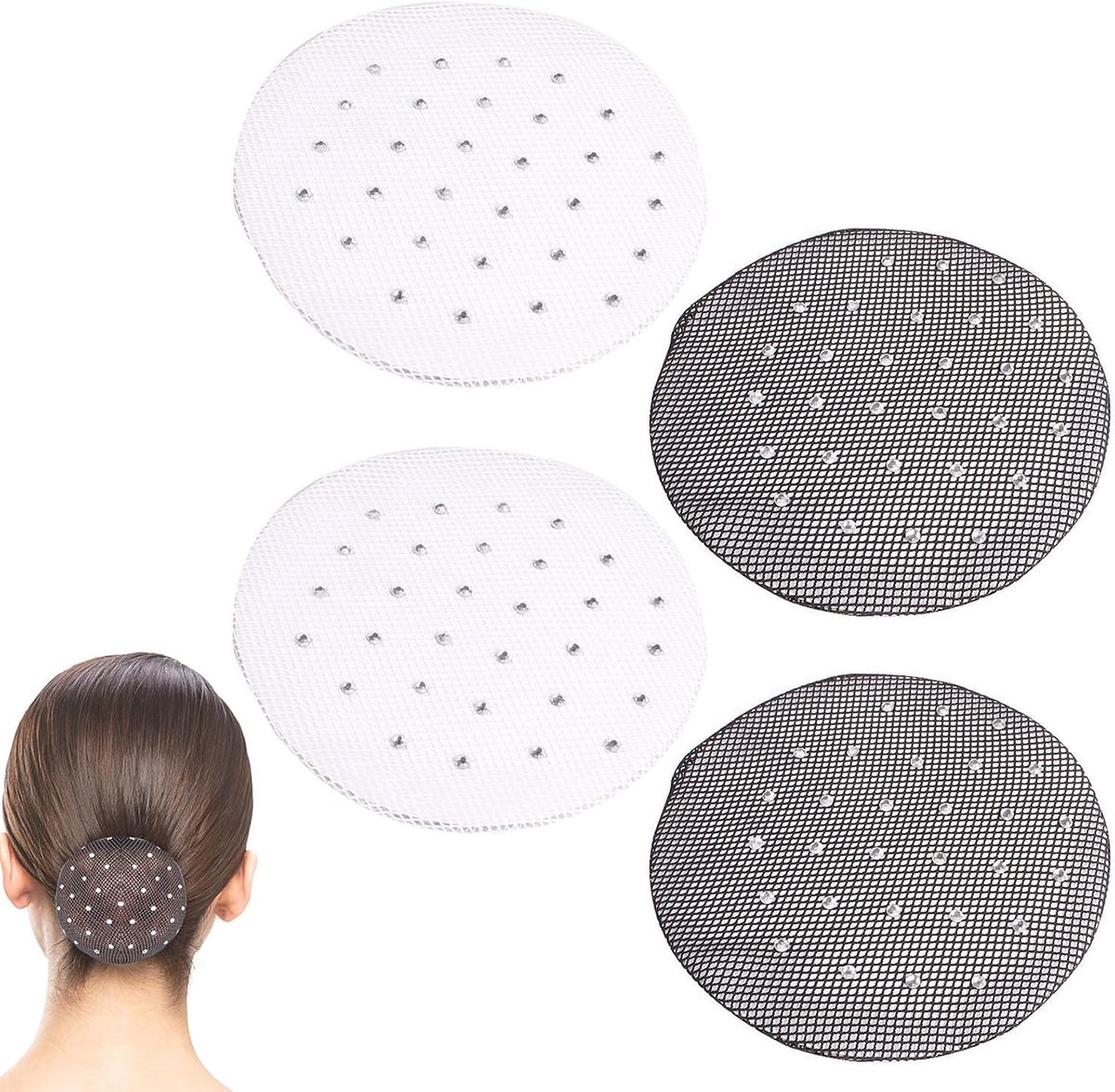 Haarnet 4 Stuks - 2 Zwart + 2 Wit met Strass - Elastisch en Lichtgewicht - Ideaal voor Ballet en Optredens - SnelShoppen