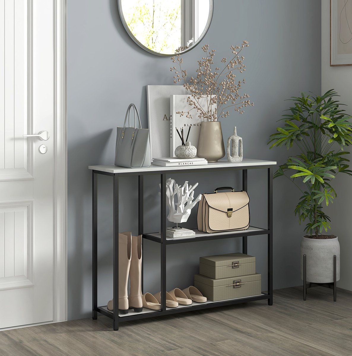 STILVORA Sidetable - Met 2 Open Vakken En Kipbeveiliging - Modern Design Voor Hal En Woonkamer - Spaanplaat En Staal - Wit - 100x30x80 Cm