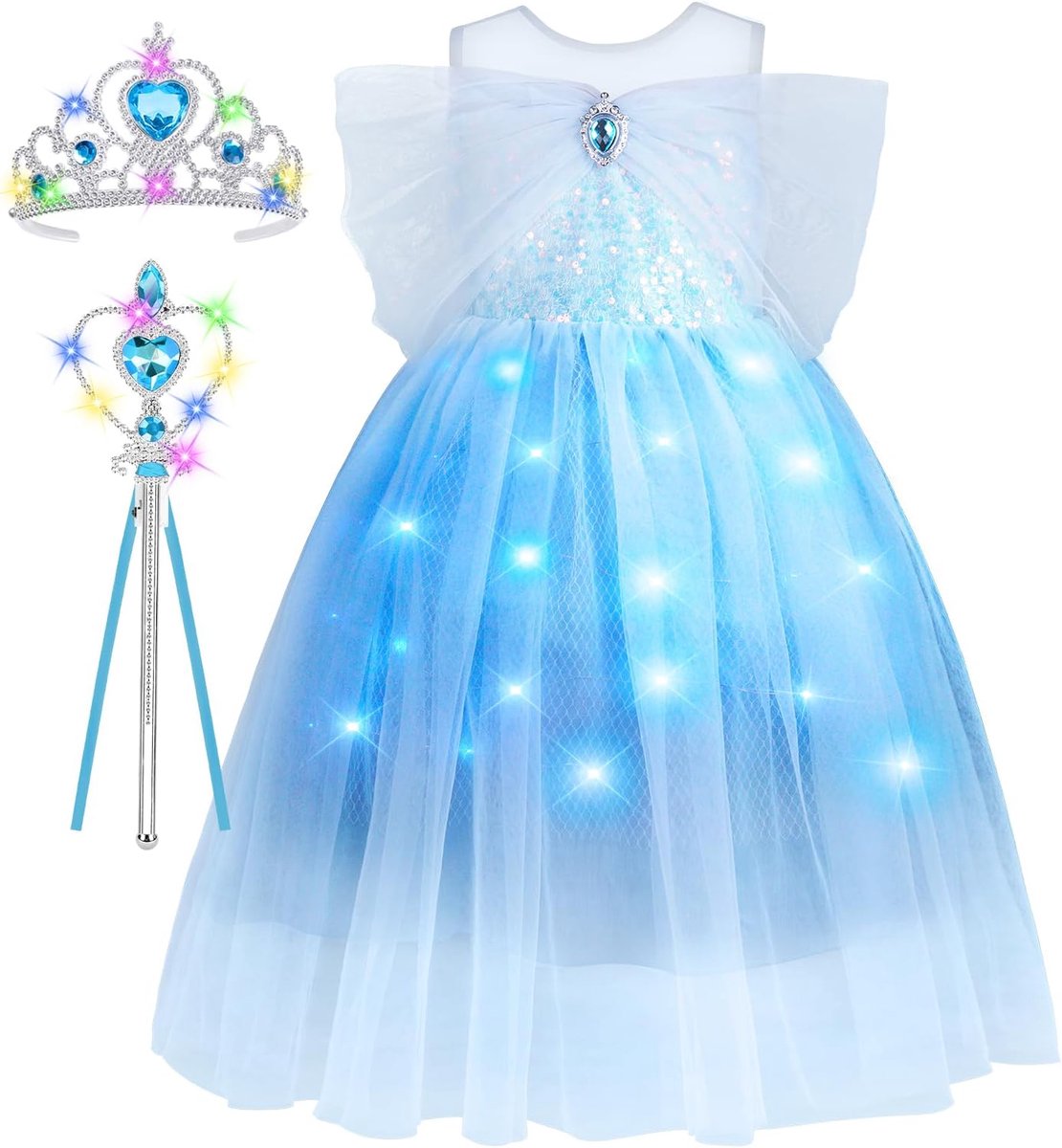 Luminous prinsessen kostuum - 3-delig fairy suit - inclusief kroon en toverstok - perfect voor feesten - SnelShoppen