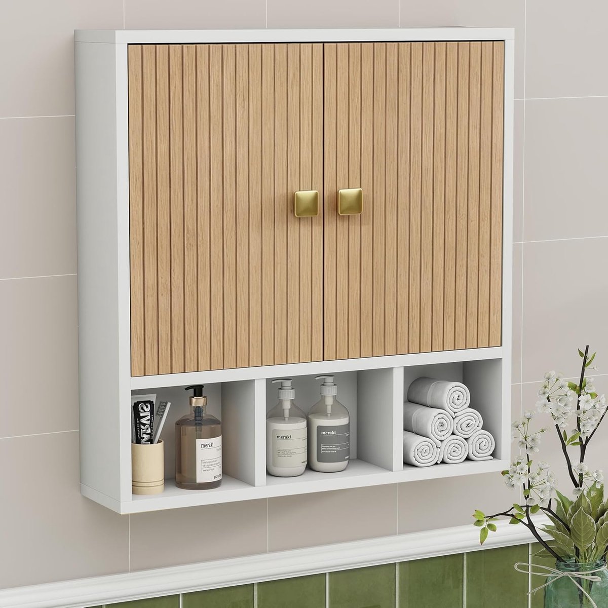 Badkamer, hangkast, medicijnkast, medicijnkast, tweedeurs houten kast, badkamer, badkamerkast met verstelbare planken en open vakken, 13 x 56 x 58 cm, wit