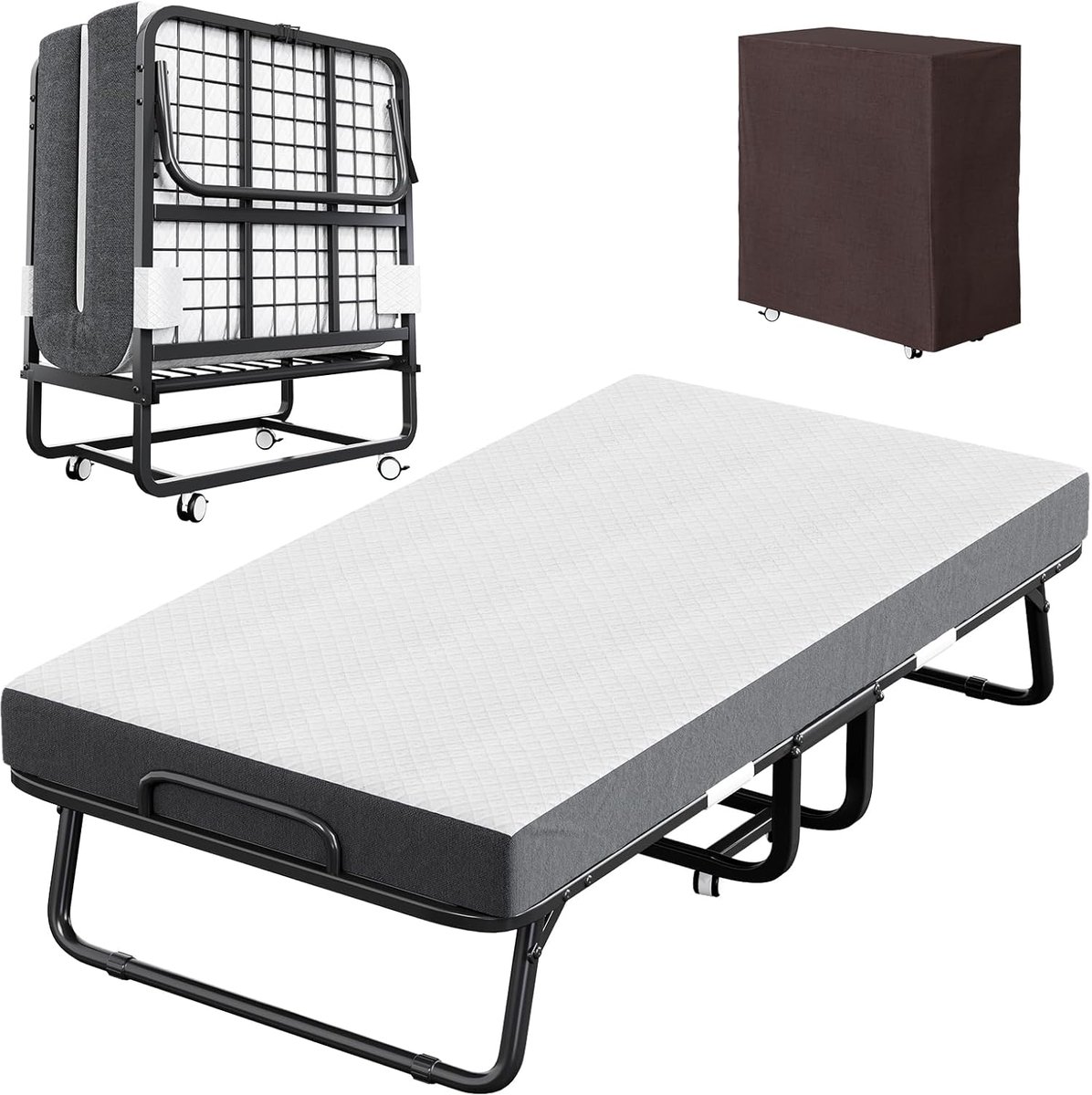 Opklapbaar logeerbed met matras (100 x 190 cm), 13 cm dikke matras, vouwbed tot 200 kg belastbaar, stabiel klapbed op wielen met beschermhoes voor volwassenen en kantoor, ruimtebesparend