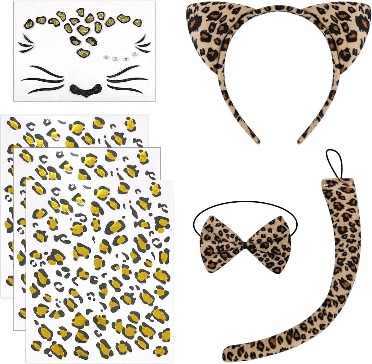 Kostuums, 3 Stks Luipaard Tattoo Stickers, Inclusief Oor Hoofdband, Vlinderdas, Staart, Gezicht Decoratie Stickers, Rollenspel Rekwisieten.