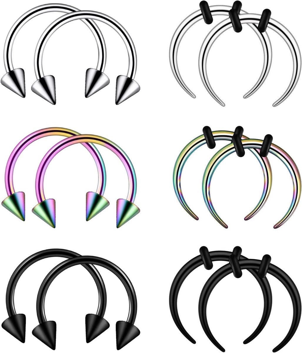 12/18STKS 14G 16G roestvrij staal halve maan pincher septum ringen C-vorm buffel hoefijzer taper set 8mm 10mm 12mm binnendiameter