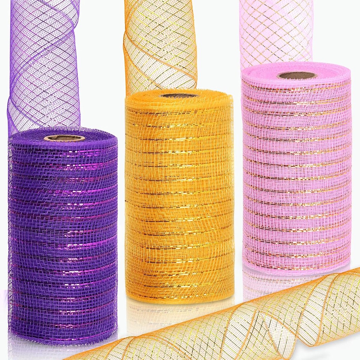 3 rollen van elk 15 cm x 10 m deco gaaslint met metallic folie, roze-goud/paars, polymesh-lint voor krans, bruiloft, Valentijnsdag, decoratie, cadeauverpakking, doe-het-zelf handwerk (15 cm x