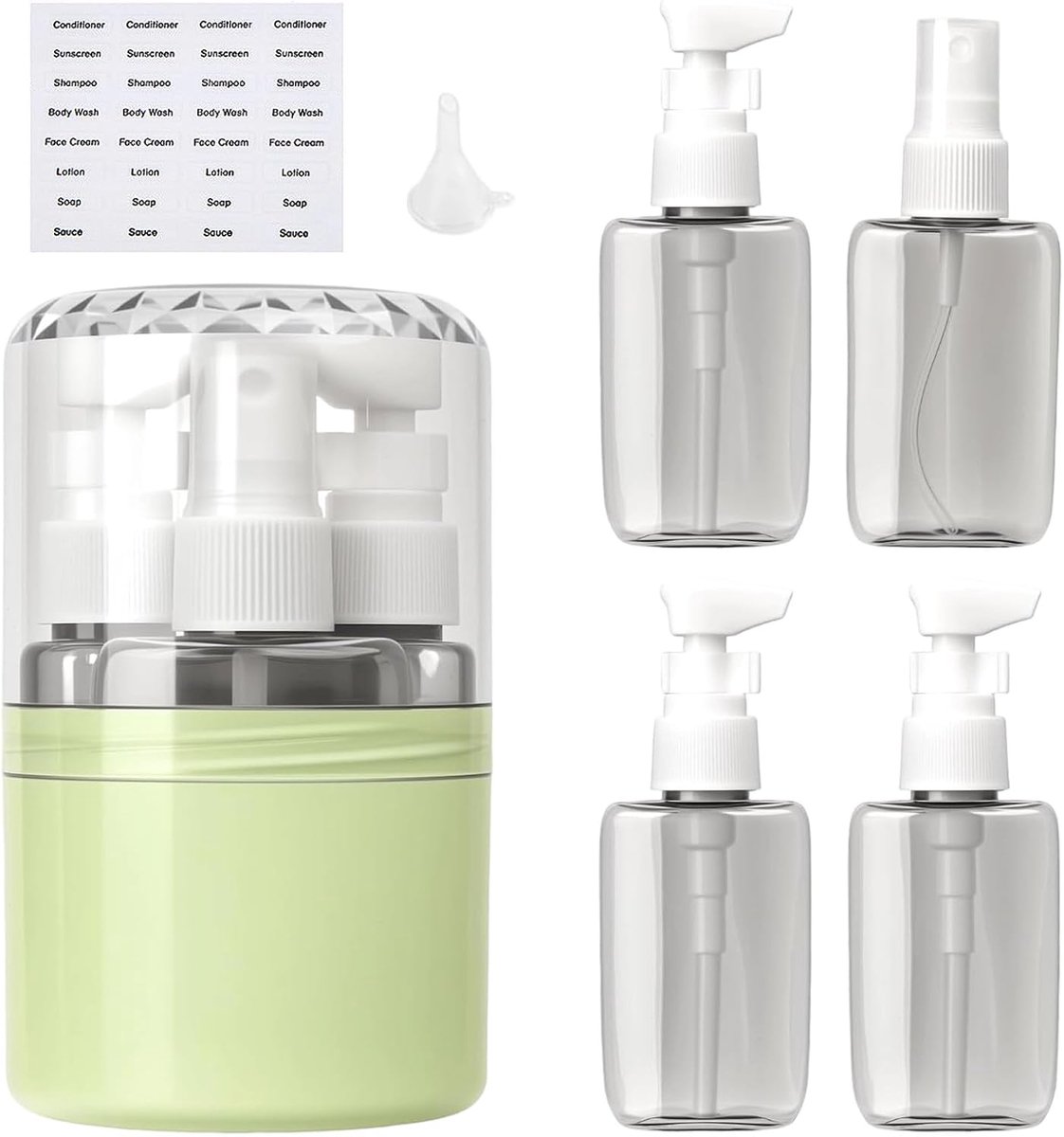 4-in-1 reisdispenser, 4-in-1 reisdispenserfles, 4 vulflessen (elk 50 ml) met trechter en etiket, lekvrij, BPA-vrij, transparant met schaalverdeling, voor toiletartikelen (groen)