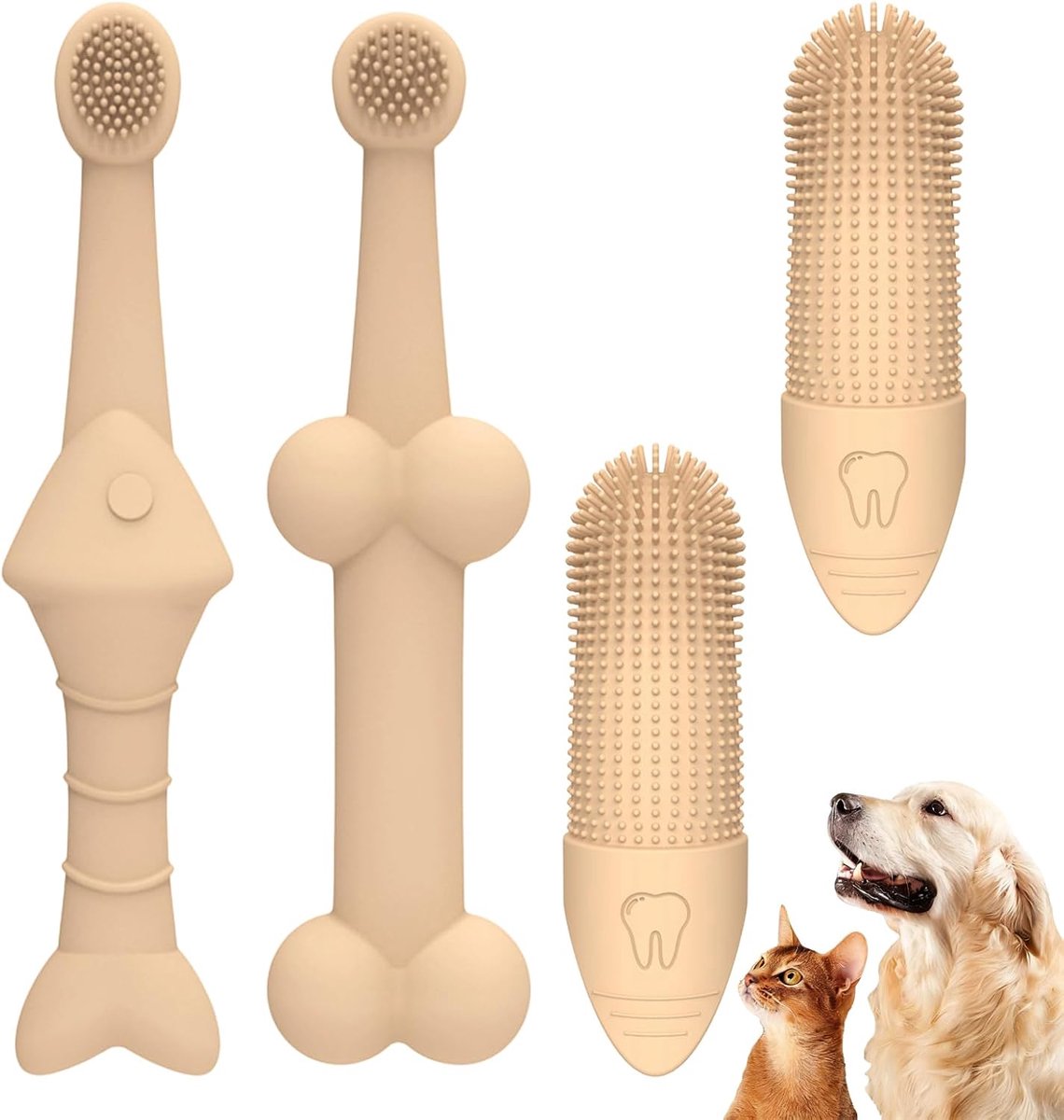 Tandenborstelset, 4-delig, siliconen, voor hond en kat | Met lange handgreep en vingertandenborstels en tongreiniger voor de dagelijkse tandverzorging bij kleine en grote huisdieren