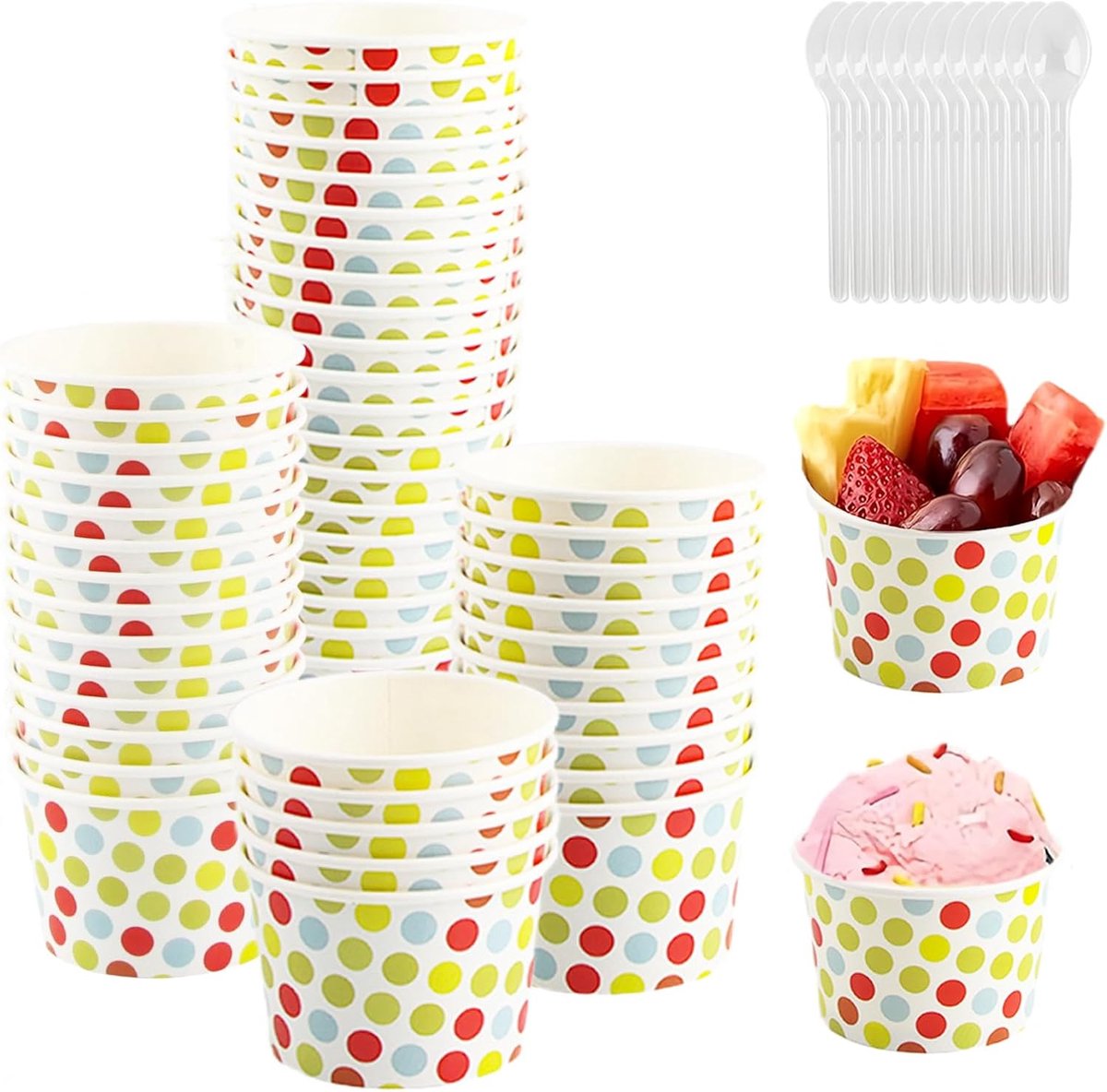 Karton, 50 stuks ijsbekerset met 50 stuks lepels, kartonnen bekers, kleurrijk, kartonnen bekers met stippen, dessertbekers, voor ijs, dessert, bevroren yoghurt