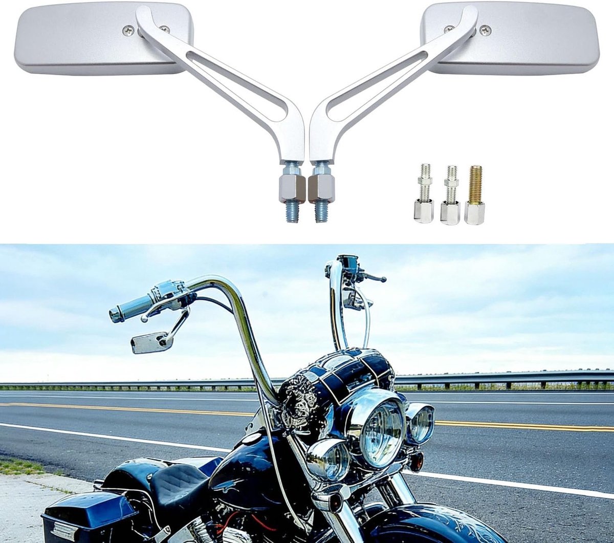 8mm 10mm Motor Rechthoekige Achteruitkijkspiegels Chroom met Blauw Glas, Zijspiegels voor Honda, Suzuki, Bobber Scooter Cruiser Sportster Chopper Touring Sportfiets ATV